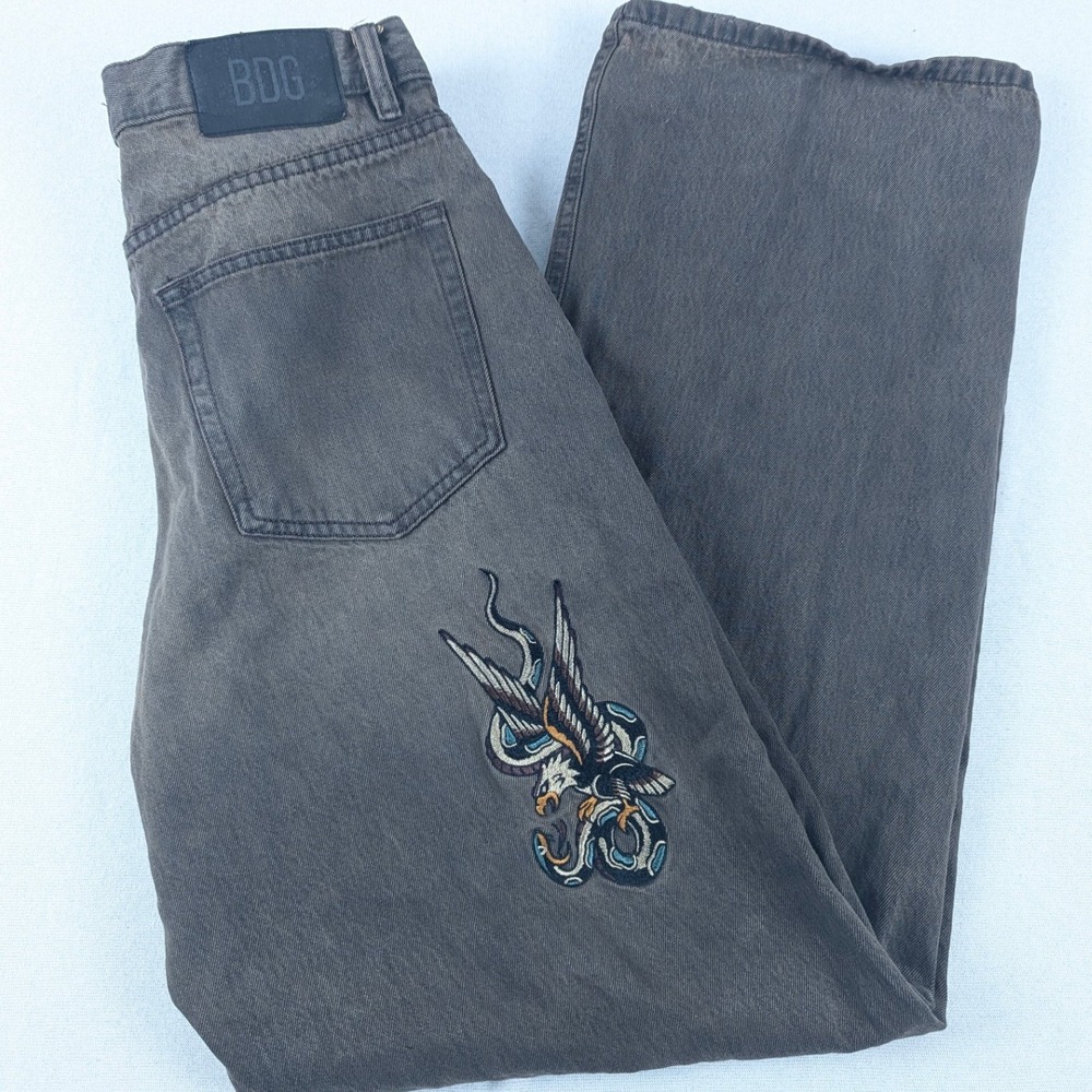 BDG Nitro Fit Mens 30x31 Gray Fade Straight Skater Y2k Eagle Snake Logo Jeans